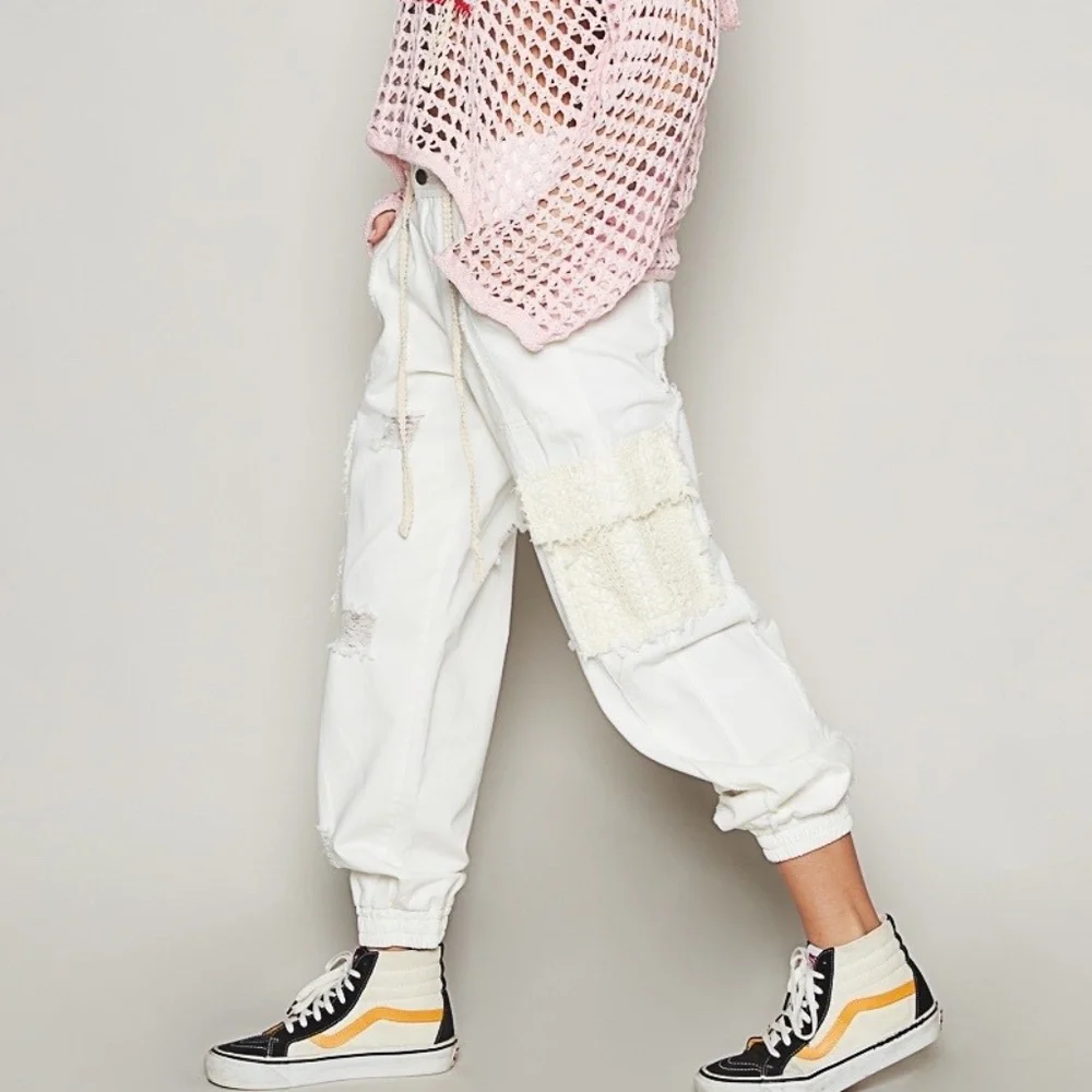 New POL Clothing Denim Lace Joggers Women's Distressed Relaxed WhiteTwill Pants - Picture 5 of 11